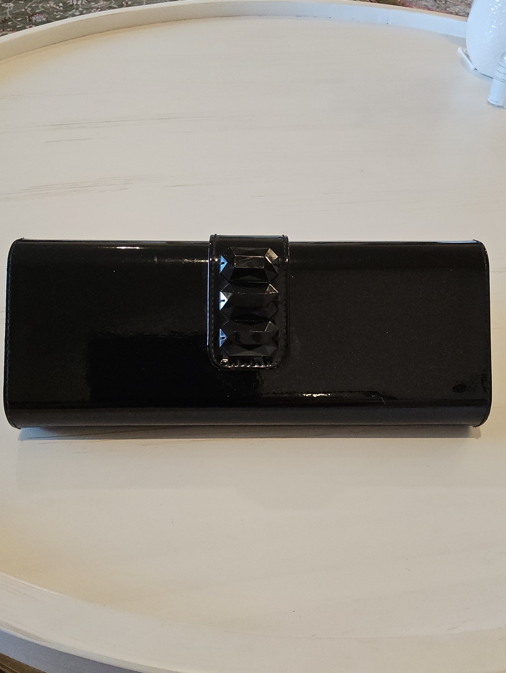 Lancome Black Patent Clutch with Faceted Gem Accent
